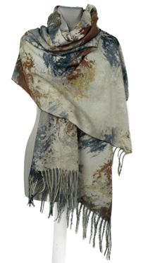 Dámská béžovo-modrá vzorovaná šála s třásněmi 