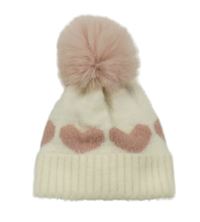 Bílo-růžová čepice se srdíčky a bambulí