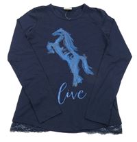 Tmavomodré triko s krajkou a koněm Yigga