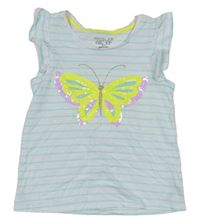 Bílo-pomněnkové pruhované tričko s motýlem a volánky