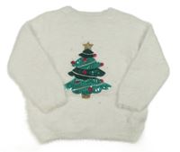 Bílý chlupatý svetr se stromečkem Primark