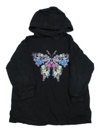 Černá tepláková šatová tunika s motýlem z květů a kapucí Next