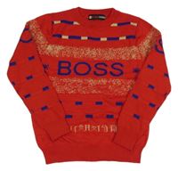 Červený svetr s nápisem a vzorem 