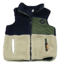 Khaki-tmavomodro-béžová šusťákovo/huňatá podšitá vesta Joules