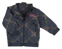 Tmavošedo-růžovo-žlutá vzorovaná šusťáková jarní bunda s výšivkou