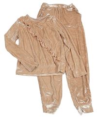 2set - Světlerůžová sametová lesklá mikina s volánky + kalhoty 