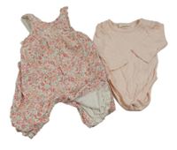 2set - Bílé manšestrové laclové podšité kalhoty s kytičkami + růžové body Next