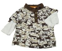 Hnědo-bílé triko s pejsky a límečkem H&M