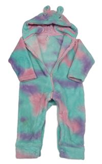 Světlezeleno-růžovo-fialová batikovaná chlupatá kombinéza s kapucí