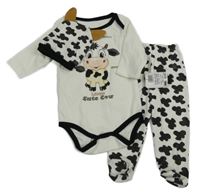 Nové - 3set - Bílo-černé body s kravičkou + čepice + polodupky 