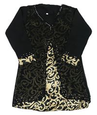 Černo-béžové vzorované saténovo/šifonové šaty s kamínky