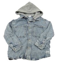 Modrá plísňová riflová košilová bunda s nášivkou a odepínací kapucí ZARA