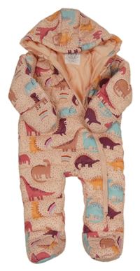 Broskvová puntíkatá prošívaná šusťáková zimní kombinéza s dinosaury a kapucí F&F