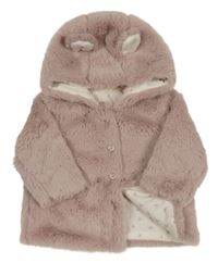 Pudrový kožešinový podšitý kabát s kapucí s oušky Next