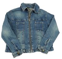 Modrá šisovaná tepláková riflová crop bunda s límečkem 