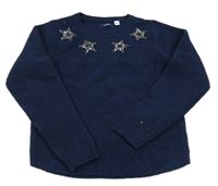 Tmavomodrý melírovaný svetr s hvězdičkami z flitrů a třpytkami OKaïdi