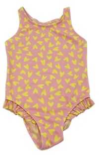 Světlerůžové jednodílné plavky se žlutými srdíčky a volánky C&A