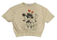 Béžové teplákové crop tričko s Mickeym a Minnie Disney