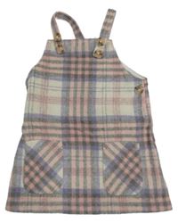 Béžovo-růžovo-šedé kostkované vlněné laclové šaty Primark