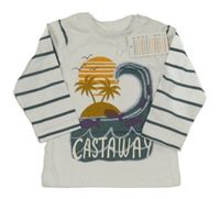 Nové - Bílo-tmavozelené triko s rybami a palmami