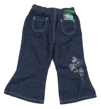 Nové - Tmavomodré podšité rifle s výšivkou květiny