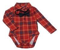 Nové - Červeno-tmavomodro-barevné kostkované košilové body + motýlek F&F