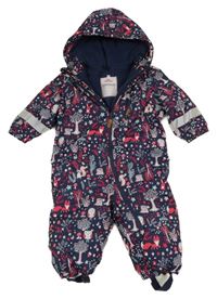 Tmavomodrá šusťáková zimní kombinéza se zvířaty a kapucí Topomini