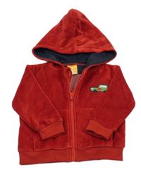 Červená sametová propínací mikina s autem a kapucí Pusblu