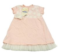 Nové - Růžové bavlněné šaty s krajkovými květy