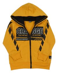 Hořčicová propínací mikina s nápisem a kapucí Dopodopo