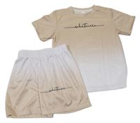2set - Béžovo-bílé ombré sportovní tričko s nápisem + kraťasy