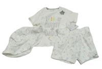 3 set - Bílé tričko s nápisem + kraťasy + bílý vzorovaný klobouk F&F