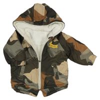 Khaki-hnědá vzorovaná šusťáková zateplená bunda s kapucí 