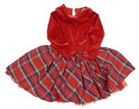 Červené sametové šaty s kostkovanou sukní zn. Dunnes