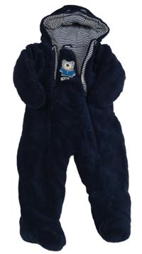 Tmavomodrá chlupatá zateplená kombinéza s medvědem a kapucí 