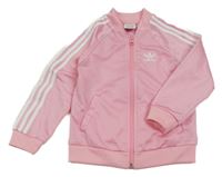 Růžová sportovní funkční propínací mikina s logem a pruhy Adidas