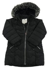 Černý šusťákový prošívaný zimní kabát s kapucí s kožešinou F&F