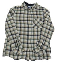 Bílo-khaki-béžovo-tmavomodrá kostkovaná košile Okaidi