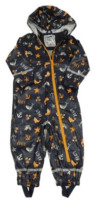 Tmavomodro-oranžová voděodolná jarní kombinéza s loďkami a rybami a kapucí Lupilu