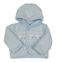 Světlemodro-bílá propínací zateplená mikina s auty a kapucí 