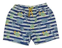 Modro-bílé pruhované plážové kraťasy s podmořským světem 