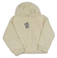 Smetanová huňatá mikina s nápisem a kapucí 