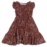 Černo-oranžovo-růžové šaty s leopardím vzorem a volánky 