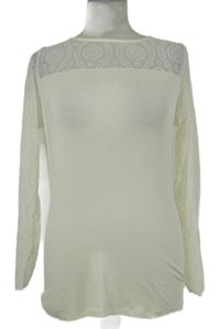 Dámské smetanové triko s tylovými vzorovanými rukávy 