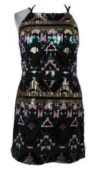 Dámské černo-barevné vzorované flitrové minišaty s volnými zády Glamorous 