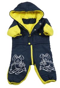 Tmavomodro-žlutá šusťáková zimní kombinéza s obrázky a kapucí Impidimpi