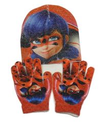 2set- červená třpytivá čepice s obrázkem+ rukavice