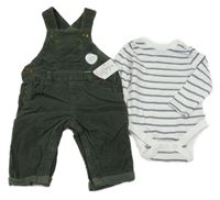 Nové - 2set- tmavozelené podšité laclové manšestráky+ pruhované bodyF&F