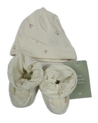 Nové - 2 set krémová čepicka s květinami + krémové capáčky