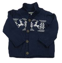 Tmavomodro-bílý propínací svetr s vzorem